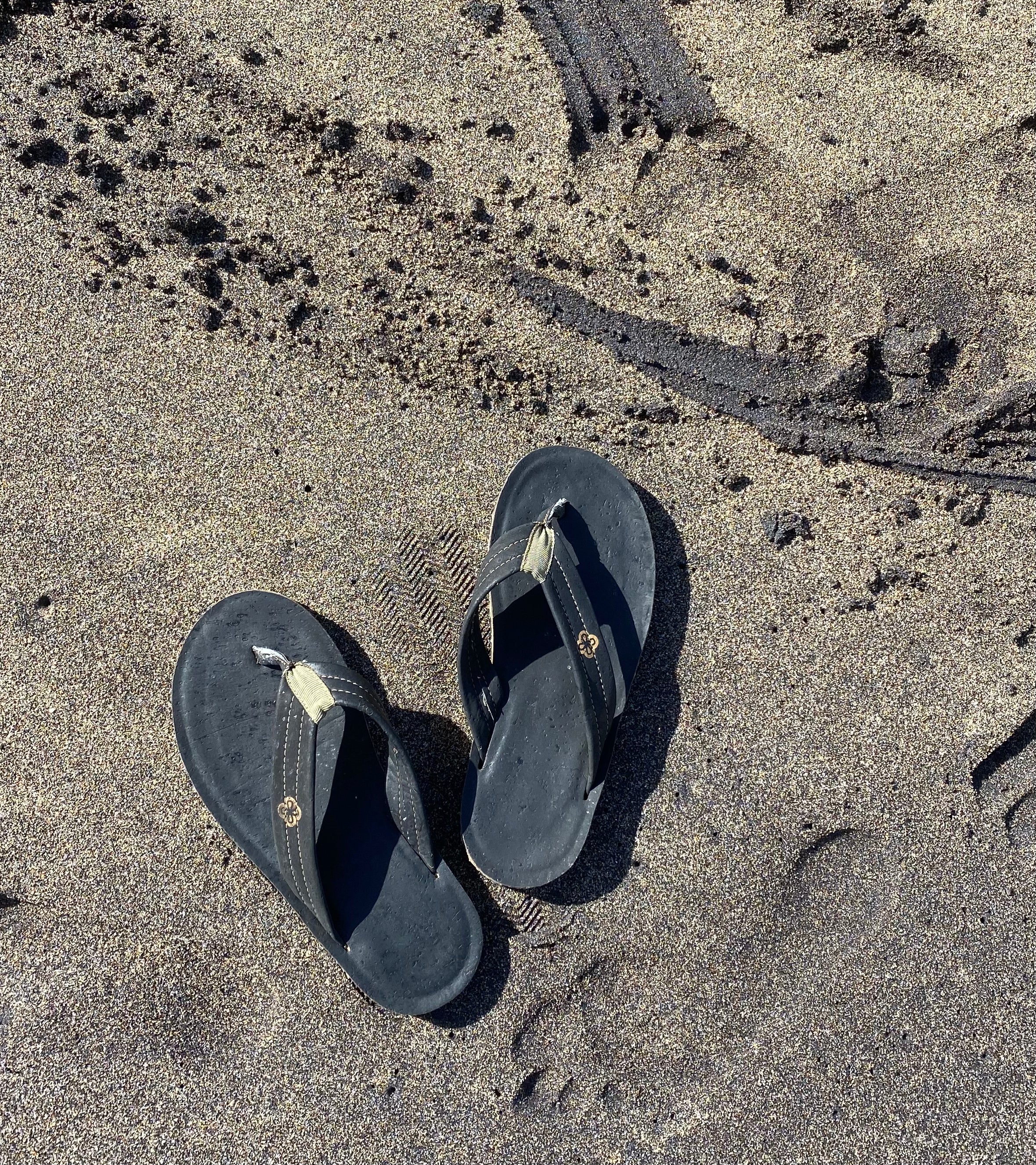 Black cork sandals on black sand