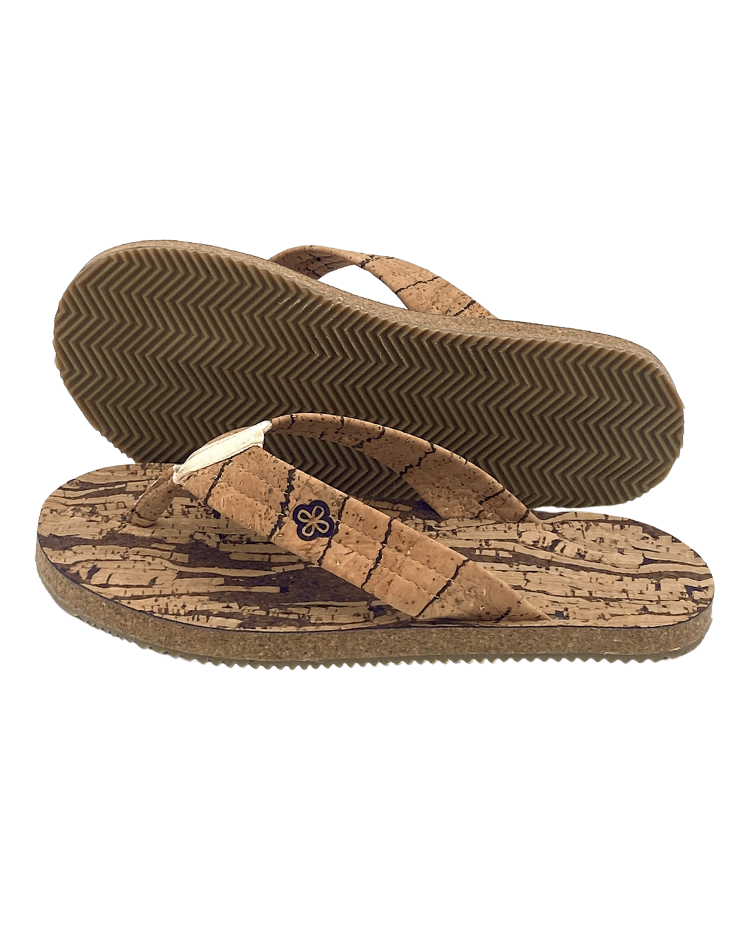 brown flip flop on white background, showing lightweight cork design with natural cork color