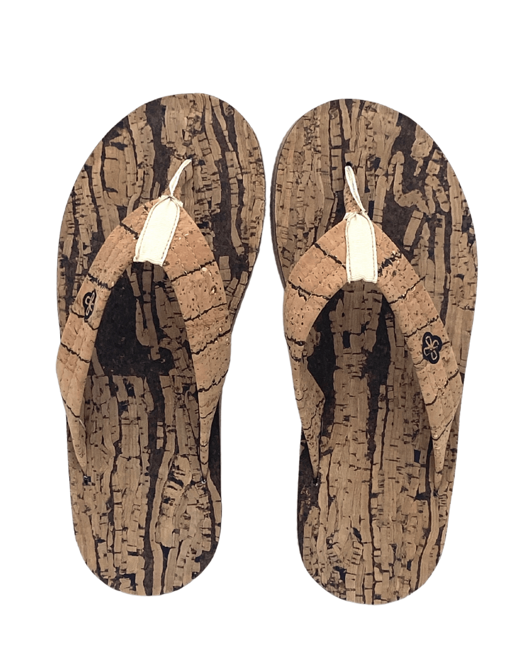 Natur cork flip flop on white background, top view with natural cork fabric pattern