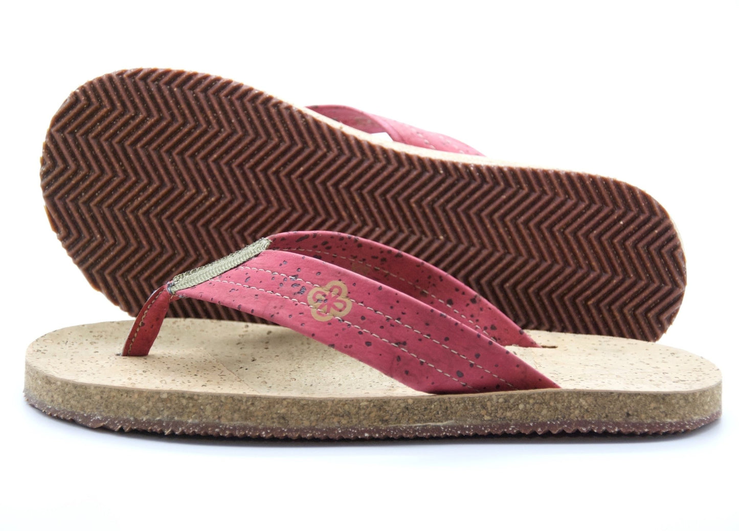 red and beige cork sandals on white background, side view and bottom sole