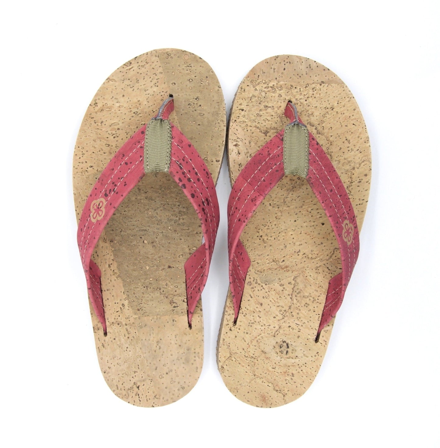 red and beige cork sandals top view white background