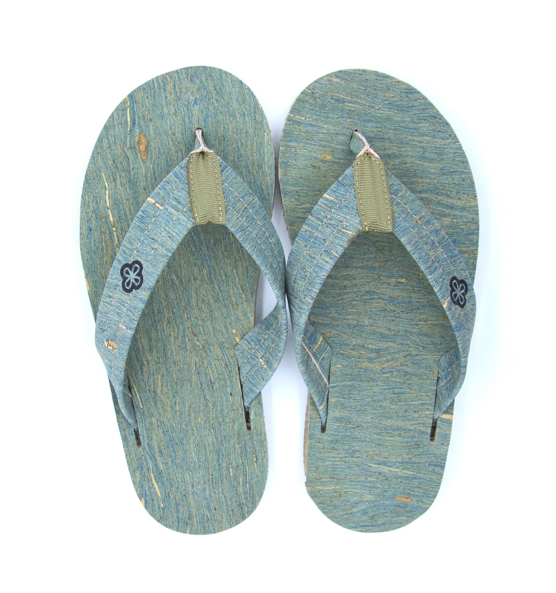 light blue cork flip flops top view white background