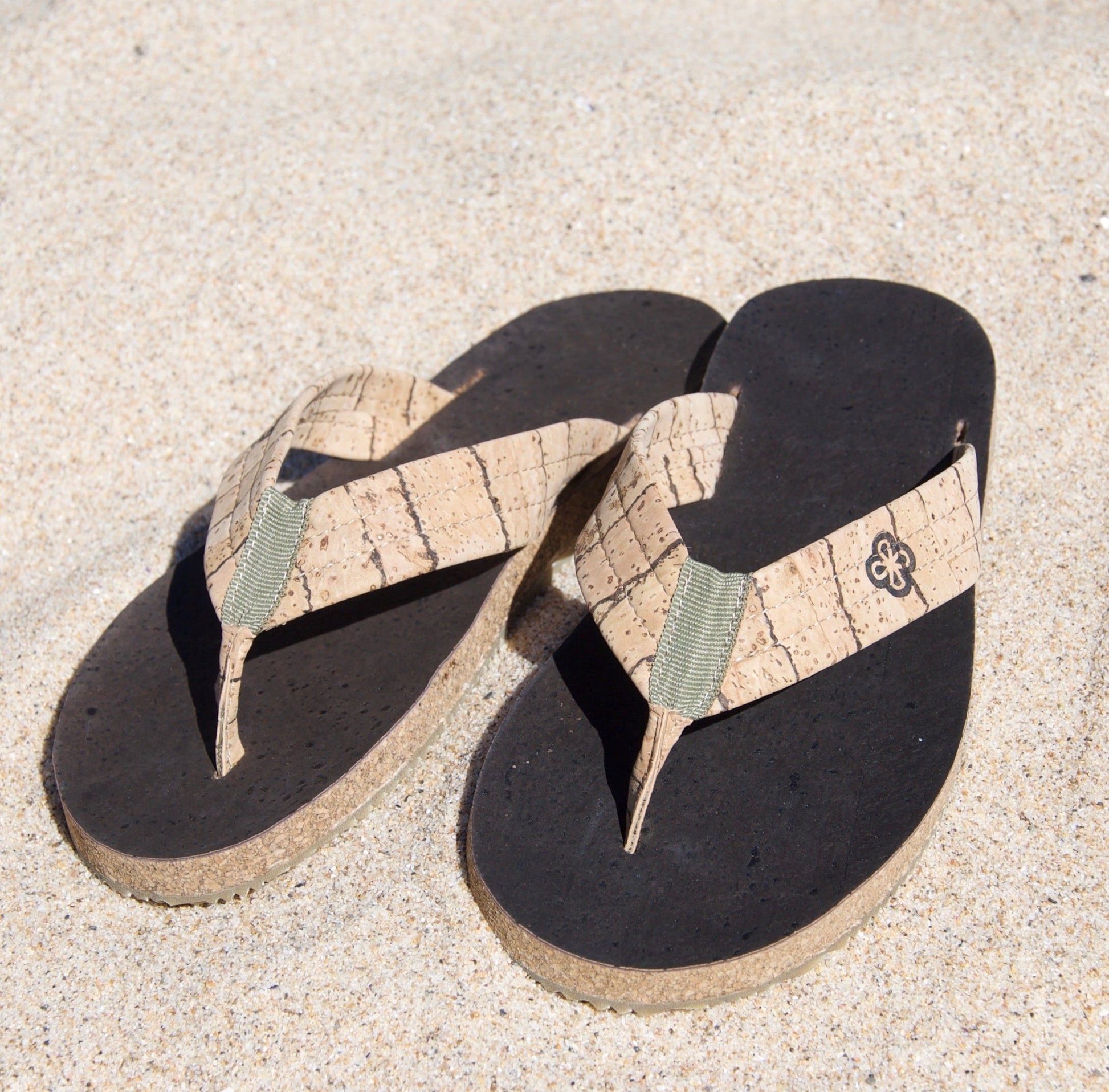 brown and beige cork sandals on beach side view