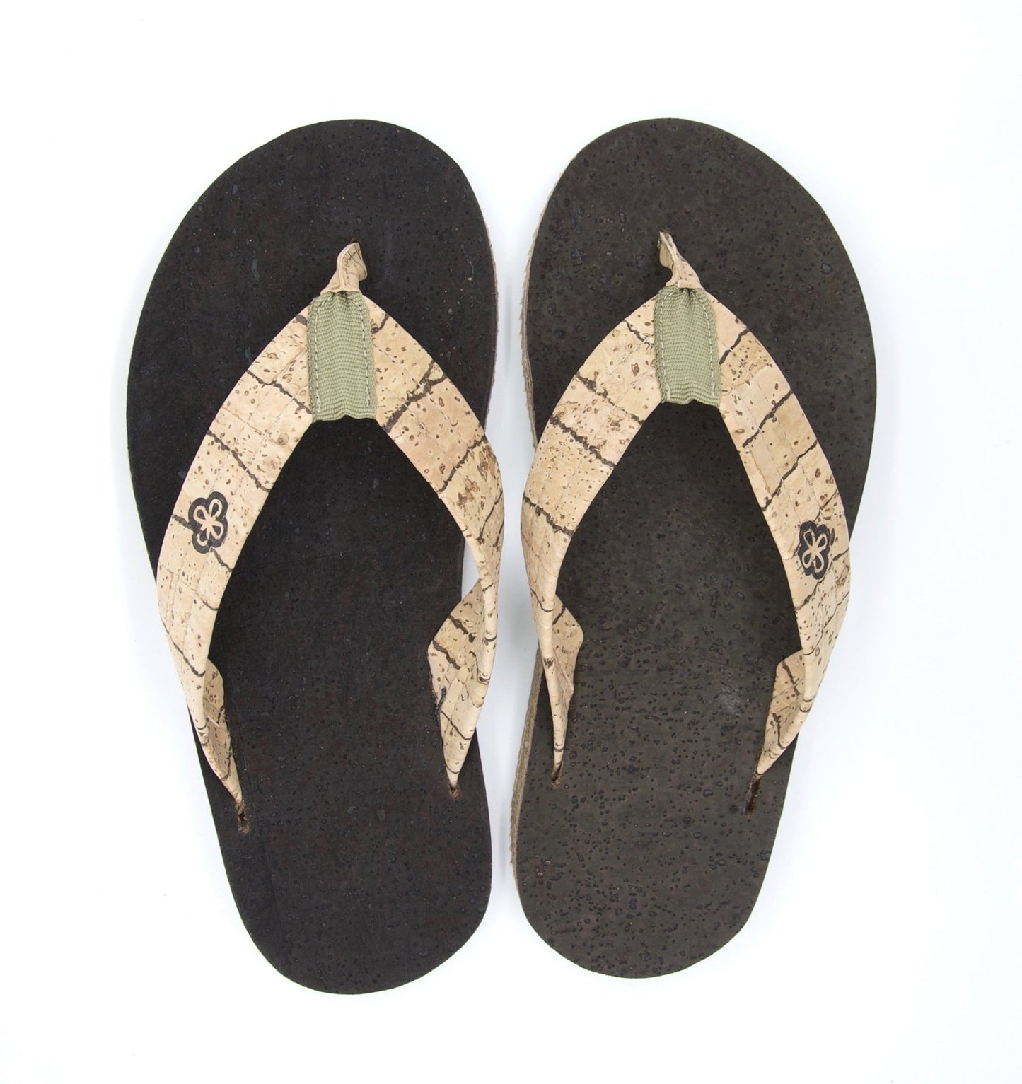 brown and beige cork sandals top view white background