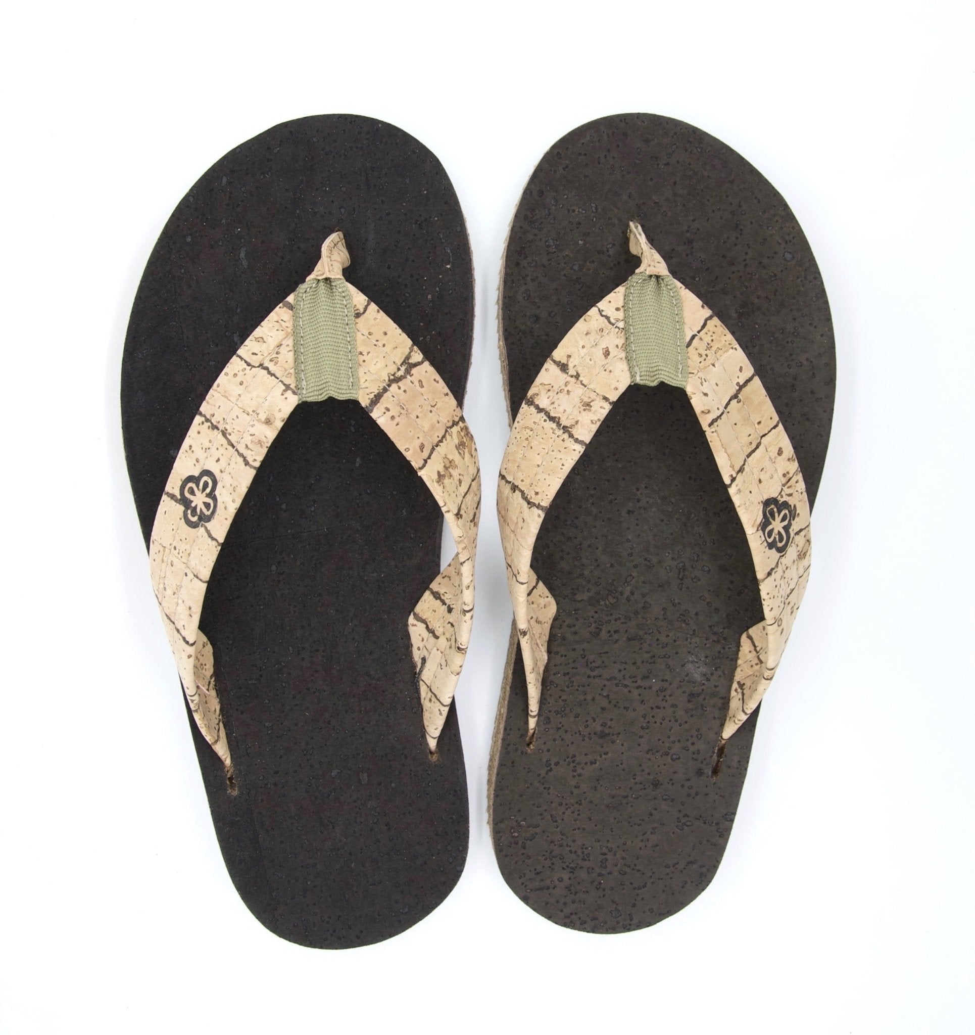 brown and beige cork sandals top view white background